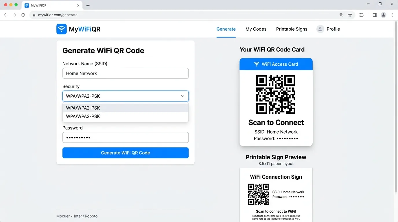 WiFi QR Code Generator creating a QR code for wireless network access